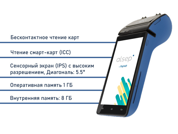 2 в 1  Смарт терминал Alsep ПОС + ККМ online ОФД(с аккумулятором, GPRS-модем)+бесконтактная оплата  - торговое оборудование.